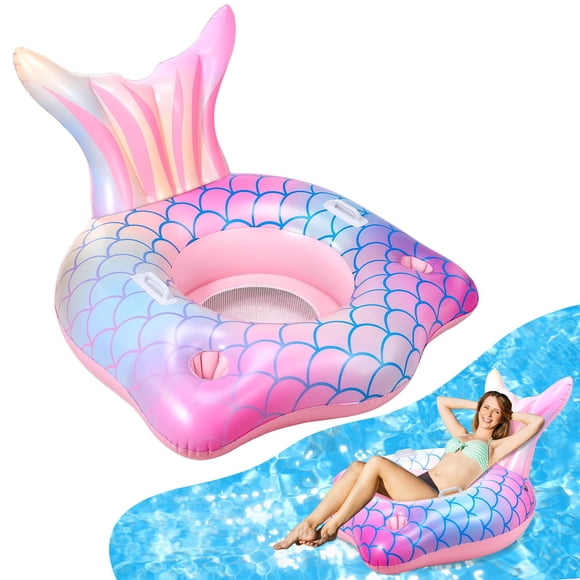 Silla inflable para piscina con forma de cola de sirena con portavasos, color rosa