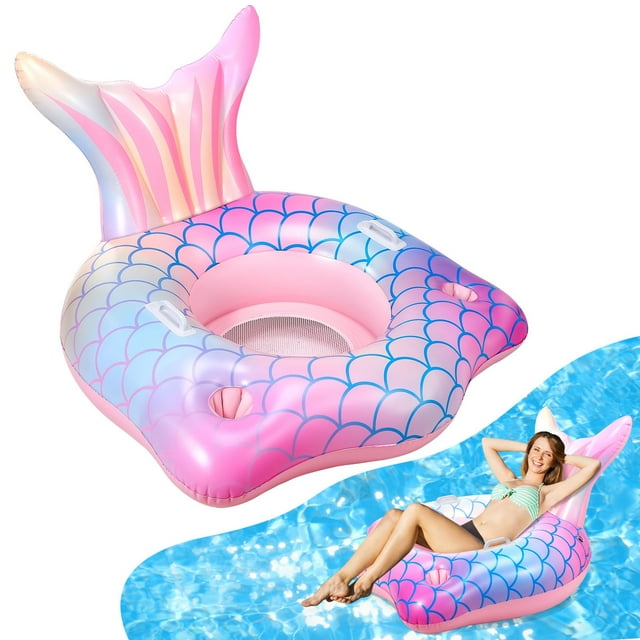 Silla inflable para piscina con forma de cola de sirena con portavasos, color rosa