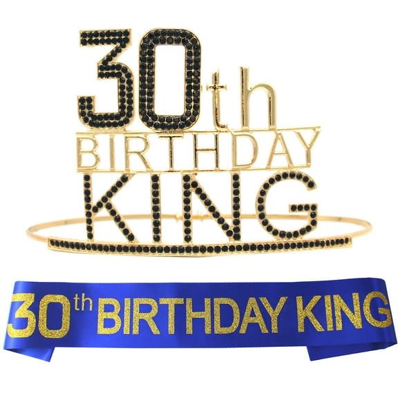 30th Birthday King Crown, Sash, Pin Set for Men and Boys - Silver Metal, Royal King Model, Party Decorations