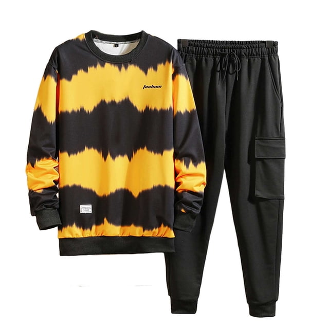 HBFAGFB Ensembles Décontractés pour Hommes Chandails à Col Rond Manches Longues Pantalons Légers Tenue Quotidienne Jaune Taille TG