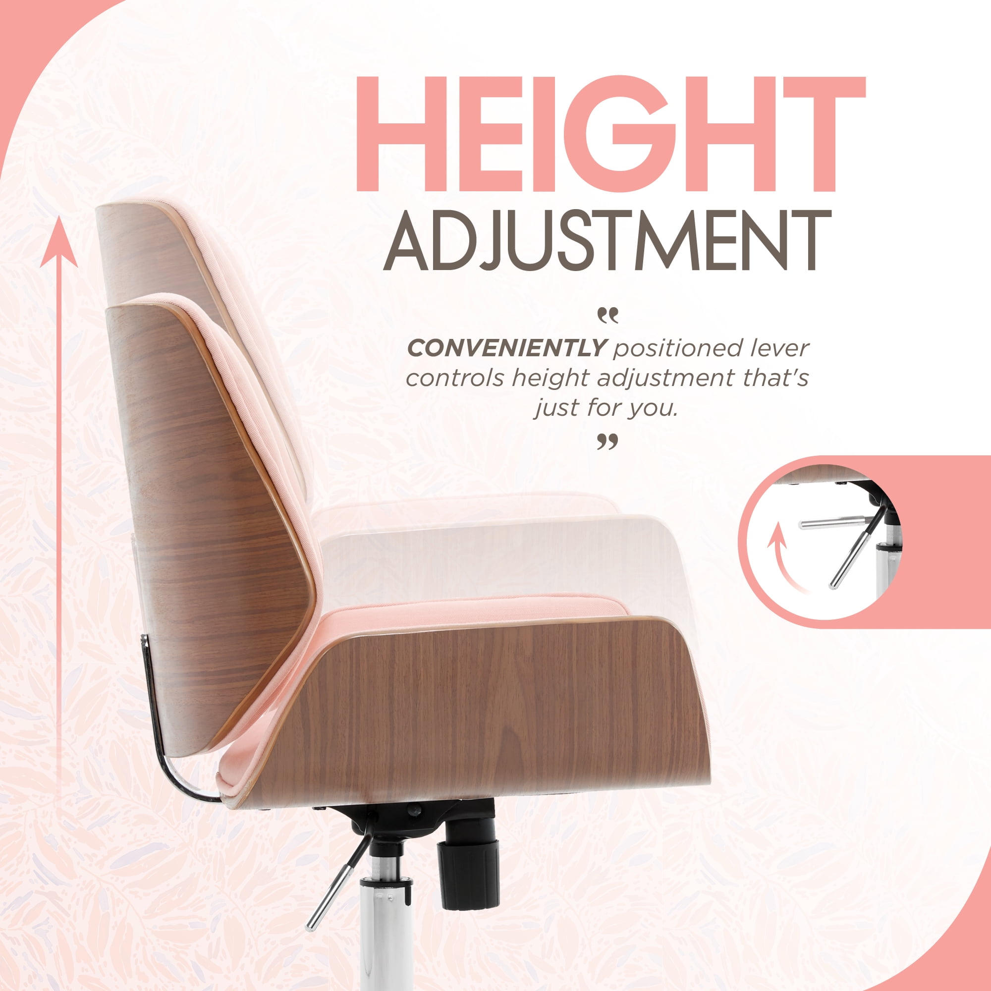 Elle Decor Ophelia Office Chair, Curved Bentwood Low-Back and Seat, Chrome Swivel Base, Woven Fabric, Blush Pink