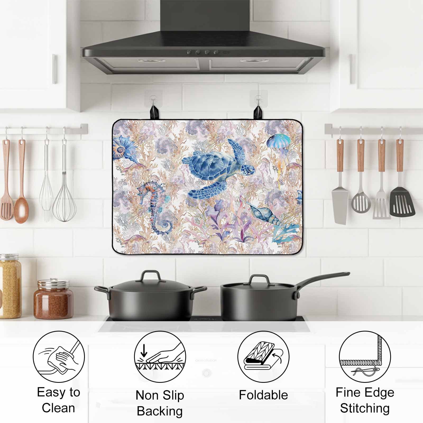 Sea Turtle Stove Top Cover for Electric Stove, Heat-proof & Non Slip Glass Top Stove Cover Protector, Summer Coastal Nautical Coral Seahorse Kitchen Flat Cooktop Rubber Mat 24x21 Inches