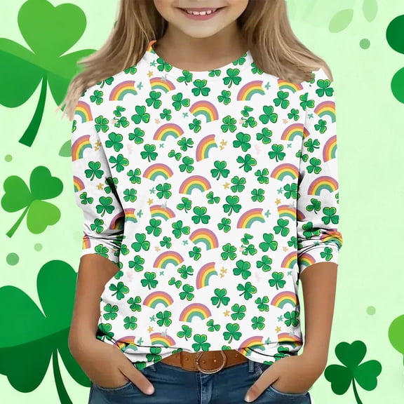 St. Patrick's Day Shirt for Girls, Long Sleeve Shamrock Rainbow Print T-Shirt Kids 4-12 Years,Size 7-8T