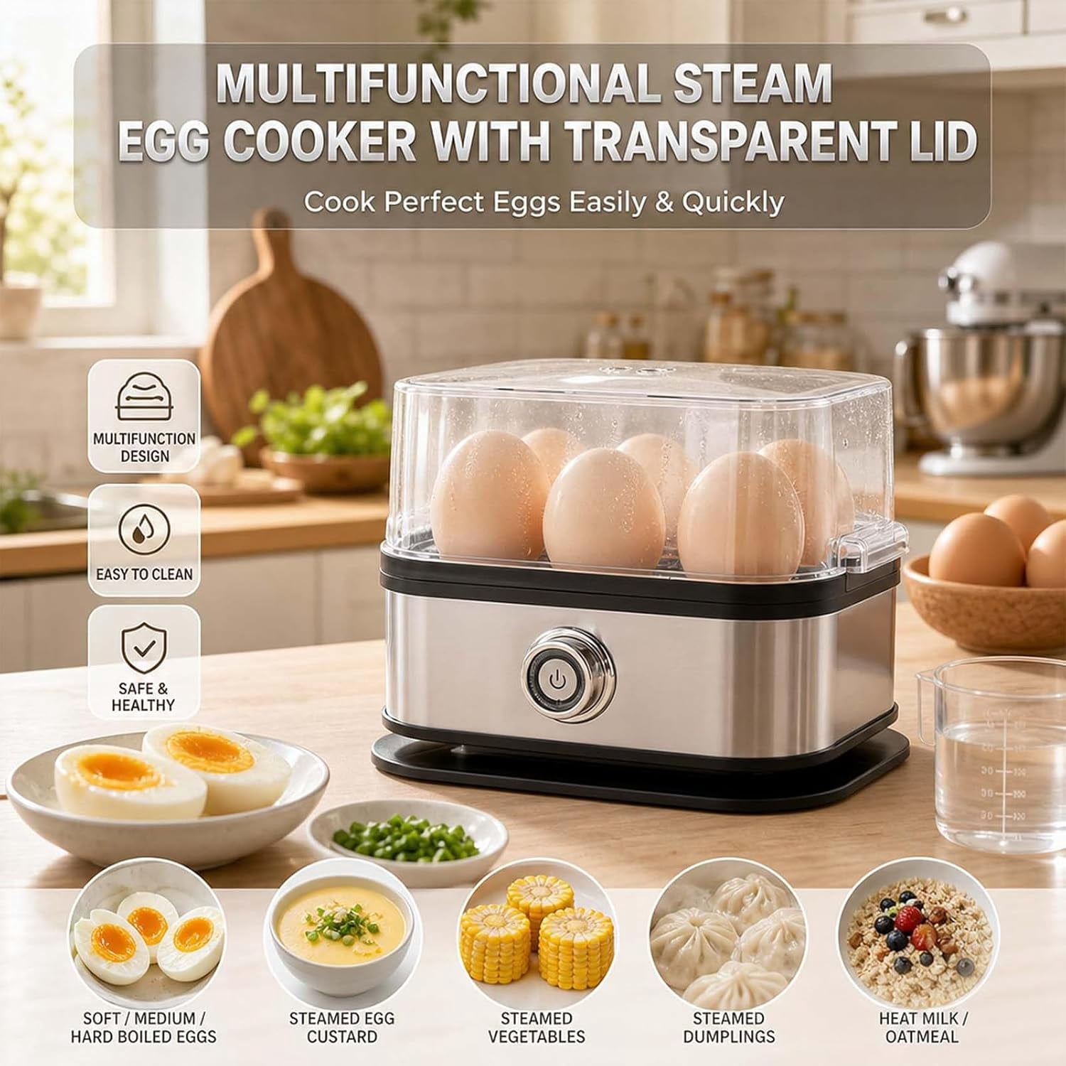 Multifunctional Egg Steamer with Clear Lid, 6 Capacity Electric Egg Cooker for Hard Boiled Eggs | Rapid 360° Steamer with Auto Shut-Off, Compact Metal Design for RV, Dorms & Fitness Meal Prep (1Pcs)