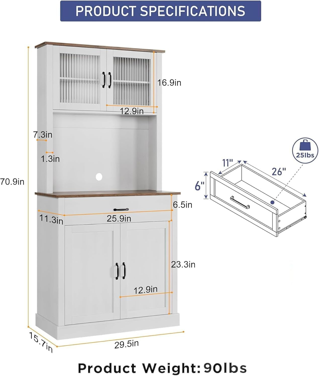 Huisuilinss Kitchen Pantry,71" Tall Pantry Storage Cabinet With Microwave Stand,Kitchen Hutch Cupboard,Freestanding Sideboard Buffet With Drawer,Shelves And Glass Doors,Coffee Bar For Home Dining Room