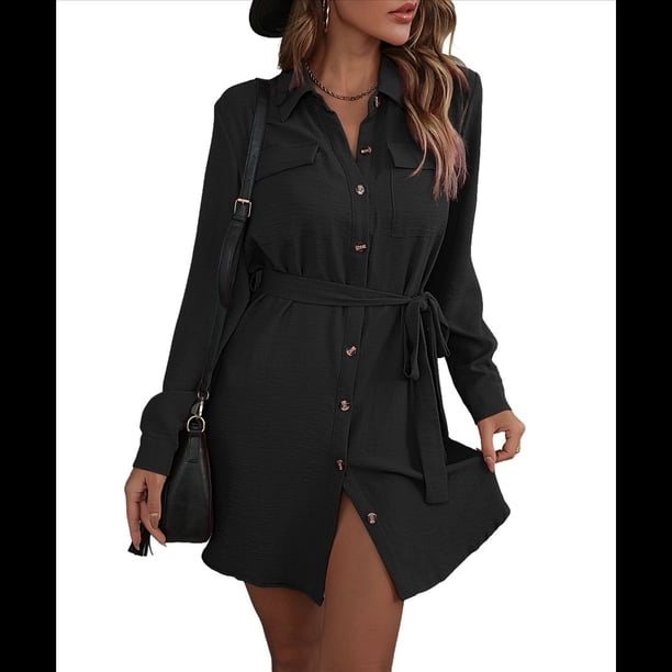 Vestido Camisero de Larga con Botones para Mujer, Informal, Holgado, con Cintura Ajustable y de . Negro XL