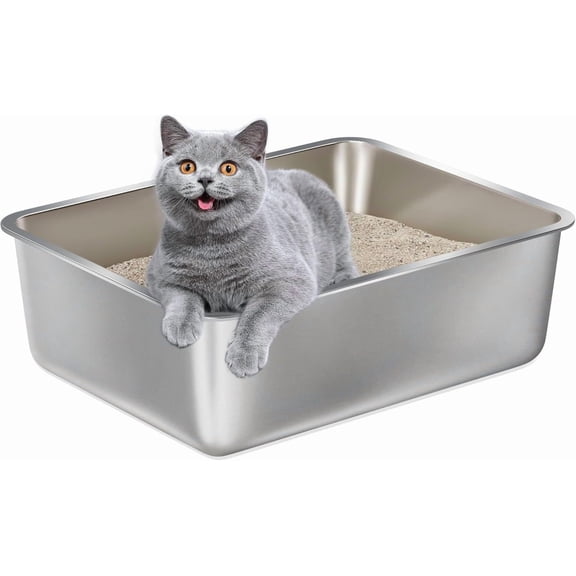 Stainless Steel Litter Box -4in High Side,Metal Litter Box for Cat/Kitty/Rabbits 17.8"L x 13.8"W x 4"H,Stainless Steel Cat LitterBox-Metal PanToilet,No Smell, Non Stick, Easy Clean.