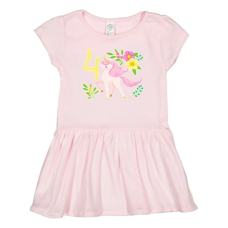 

Inktastic Fourth Birthday Pink Unicorn with Flowers Gift Toddler Girl Dress