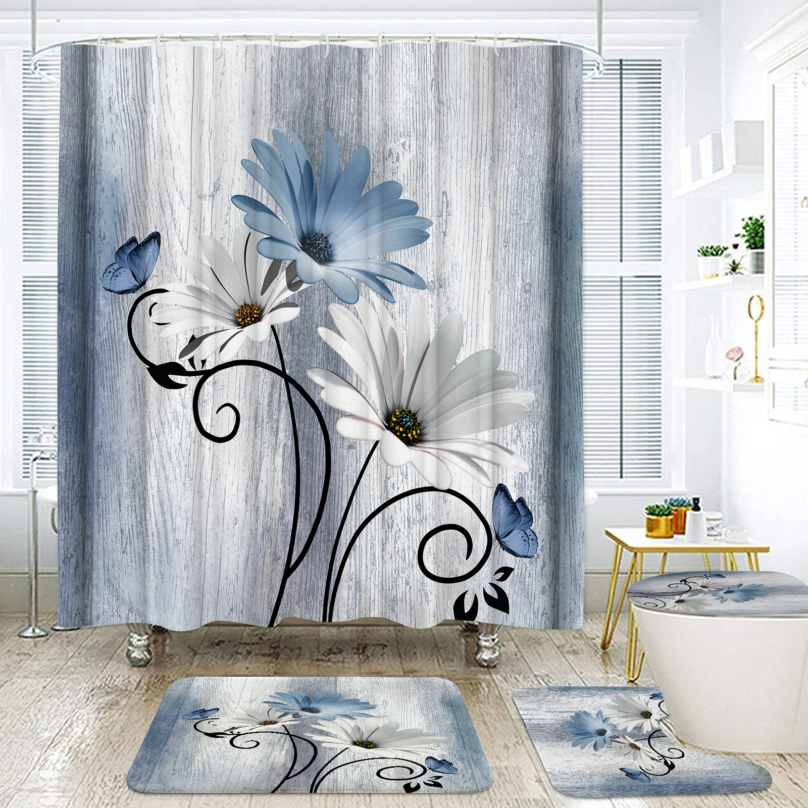 Hadint 4Pcs Blue Daisy Floral and Butterfly Shower Curtain Set, Shower Curtain and Rug Set, 12 Pcs Hooks, 71inx71in