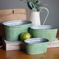 thumbnail image 7 of French Country Style Oblong Cache Pot Planters, Set of 3, Distressed Pale Green Finish with Terracotta Undertones, Galvanized Zinc, Corrugated Details, 10.5, 9, and 7.5 Inches Long, 7 of 7
