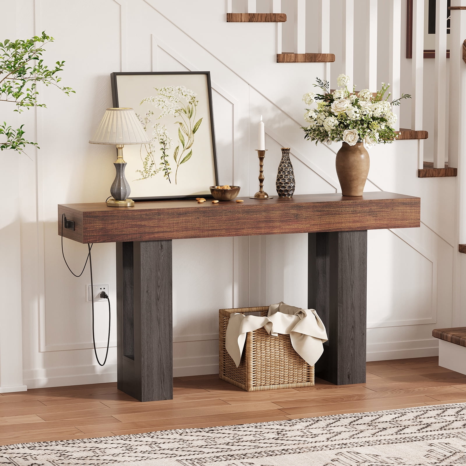 63 Inch Console Table with Power Outlet, Extra Long Sofa Table Behind Couch with USB & Type c Ports, Narrow Entryway Table for Hallway, Entrance, Living Room, 33.3" High