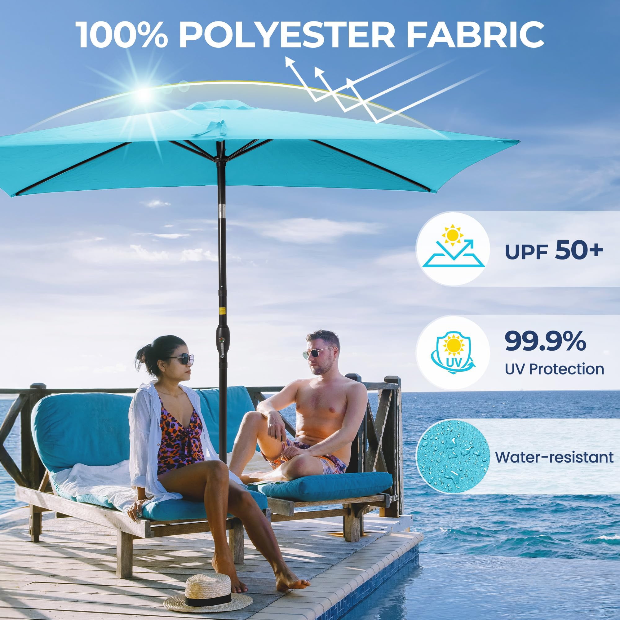 Sunvivi 10 x 6.5 Ft Rectangular Patio Umbrella with Crank and Tilt, Metal Pole Outdoor Umbrella with Polyester Canopy, Blue
