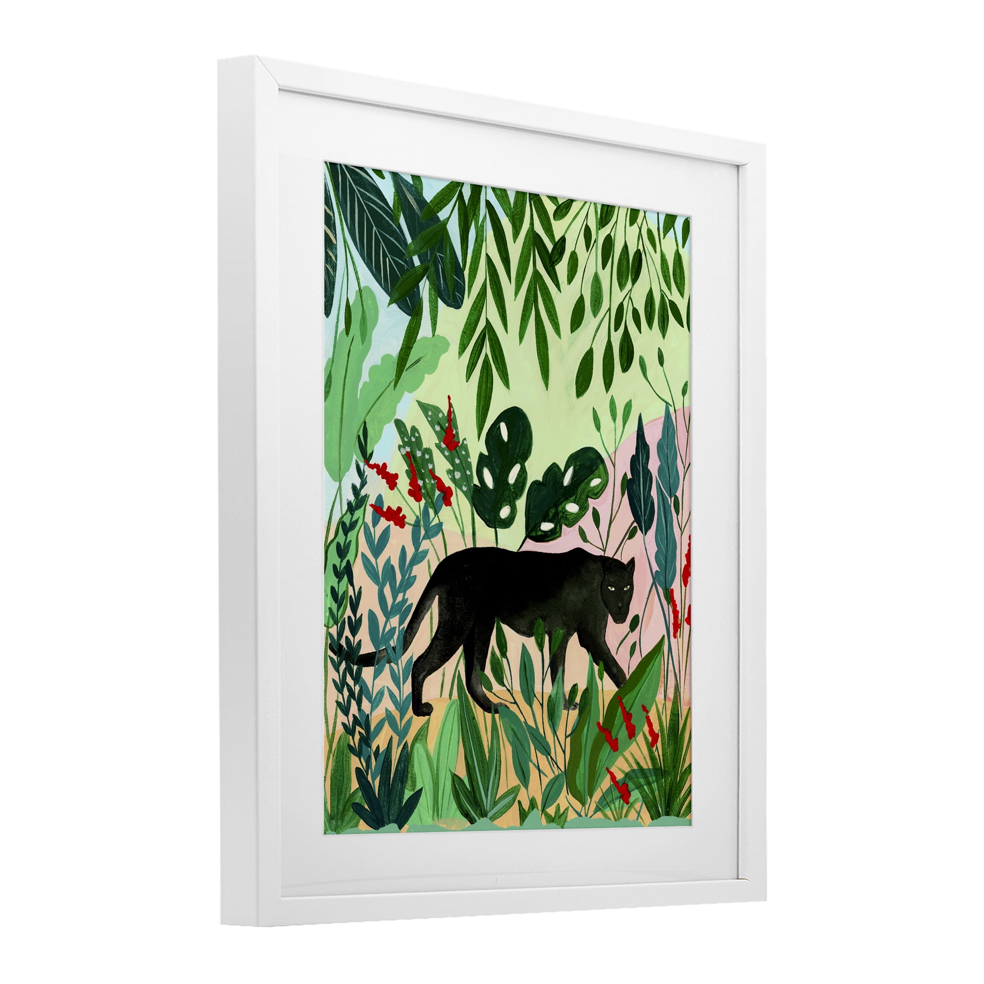 Stoic Panther Tropical Forest White Framed Print Under Glass, design by Nabeela Rumi