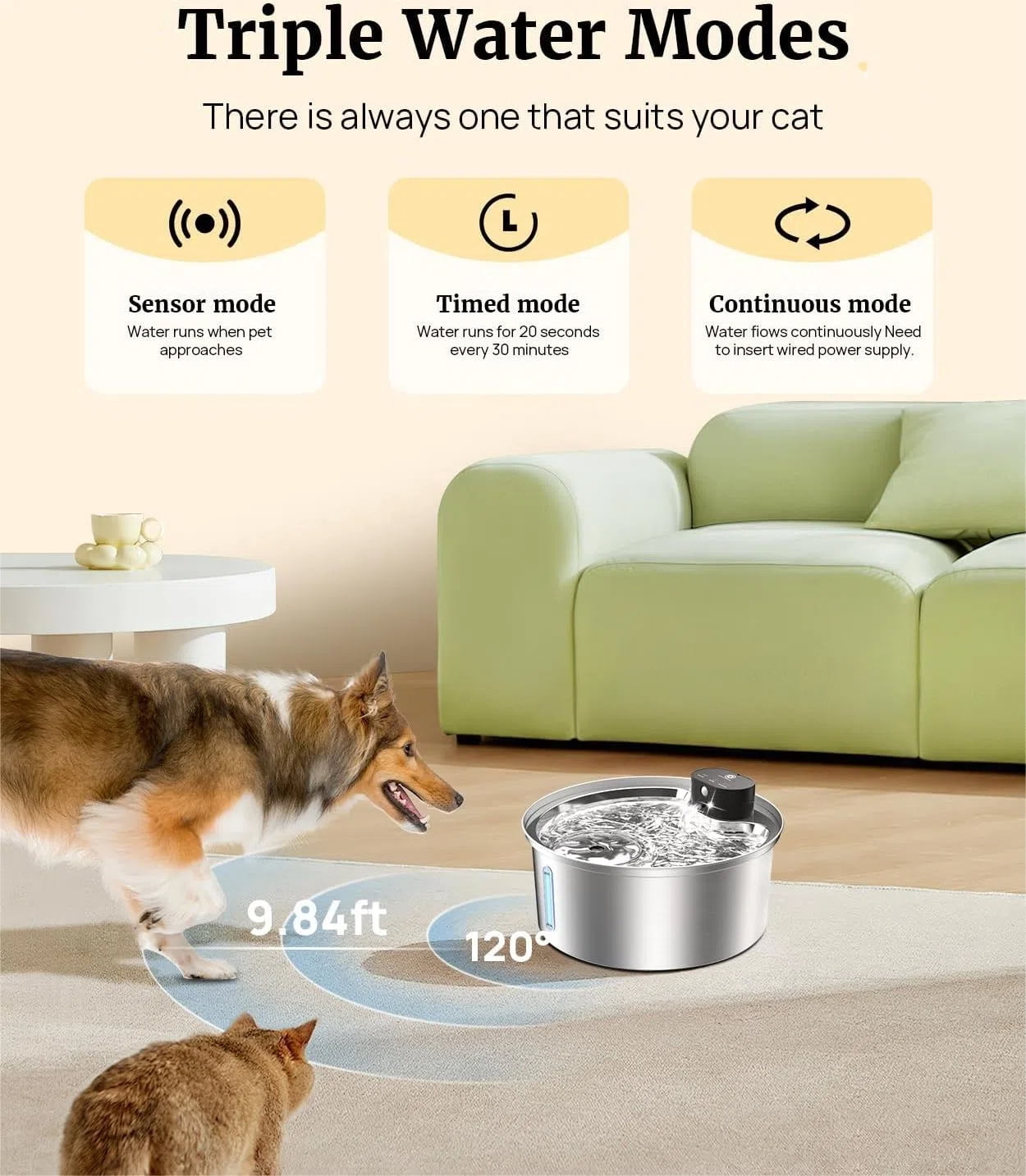 Wireless Pet Water Fountain 236OZ/7L, Stainless Steel Cordless Sensory Dog Water Fountain with 2 Filters, Rechargeable Battery Operated 3 Modes Automatic Pet Water Dispenser for Cats Dogs Drinking