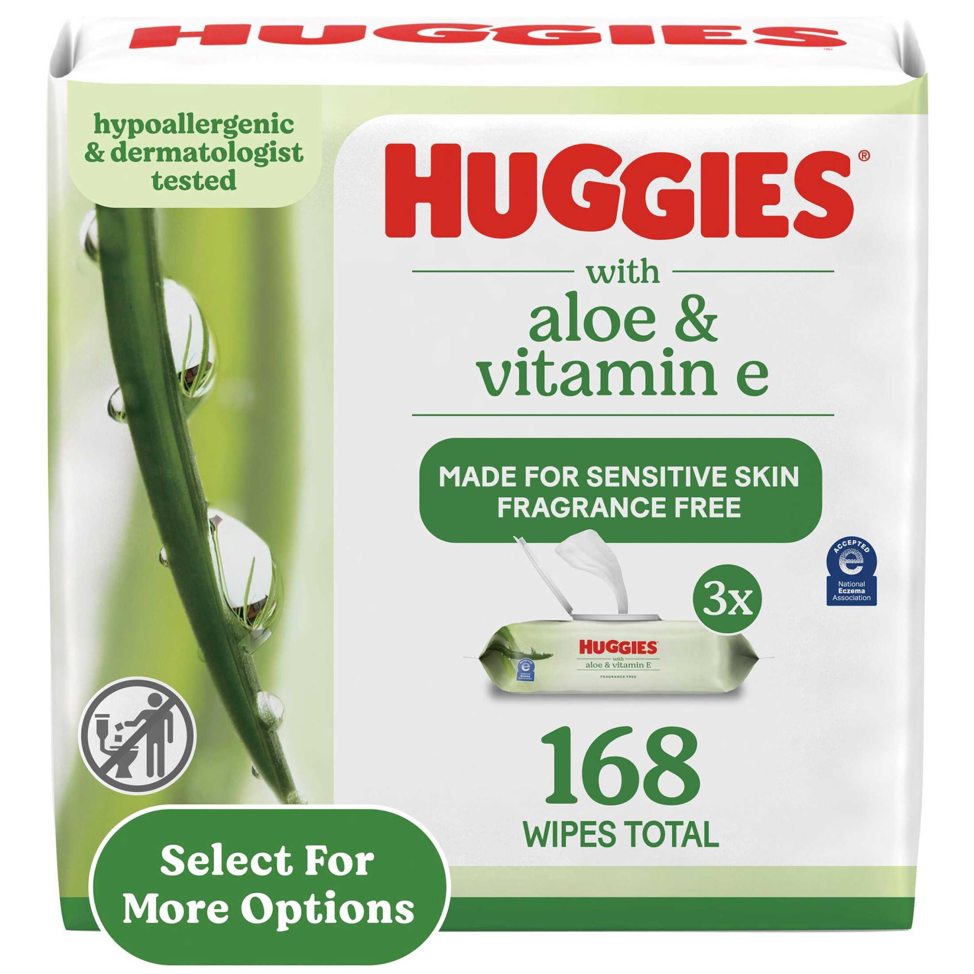 Huggies Wipes with Aloe & Vitamin E, Unscented, 3 Flip-Top Packs, 168 Total Count