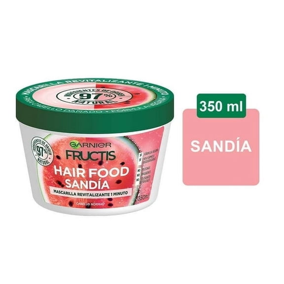 Garnier Hair Mask, Watermelon Hairfood, Moisturising 3-in-1 Mask, Gently Detangles Fine Hair and Gives Unrivalled Shine, Fructis, 350 ml