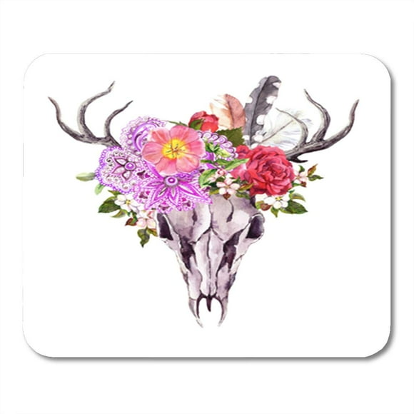 POGLIP Deer Skull Flowers Ornate Ethnic and Feathers Watercolor Mousepad Mouse Pad Mouse Mat 9x10 inch