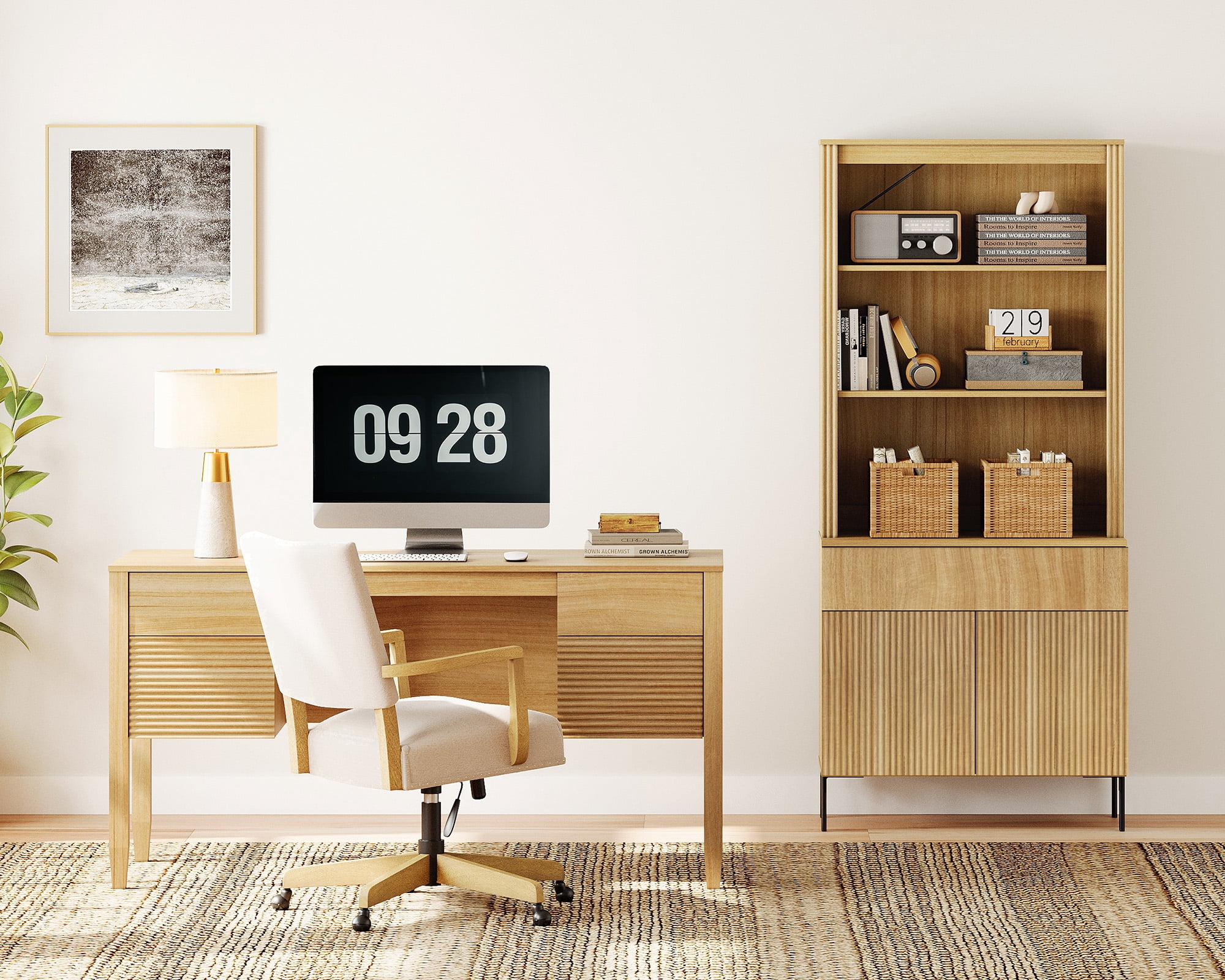 WAMPAT 2 Piece Home Office Furniture Set, 58" Desk with 71.5" Bookcase, Bookcase with 1 Drawer & 2 Doors, Adjustable Shelves, Modern Fluted Wood Office Furniture for Home Office, Study Room, Bedroom