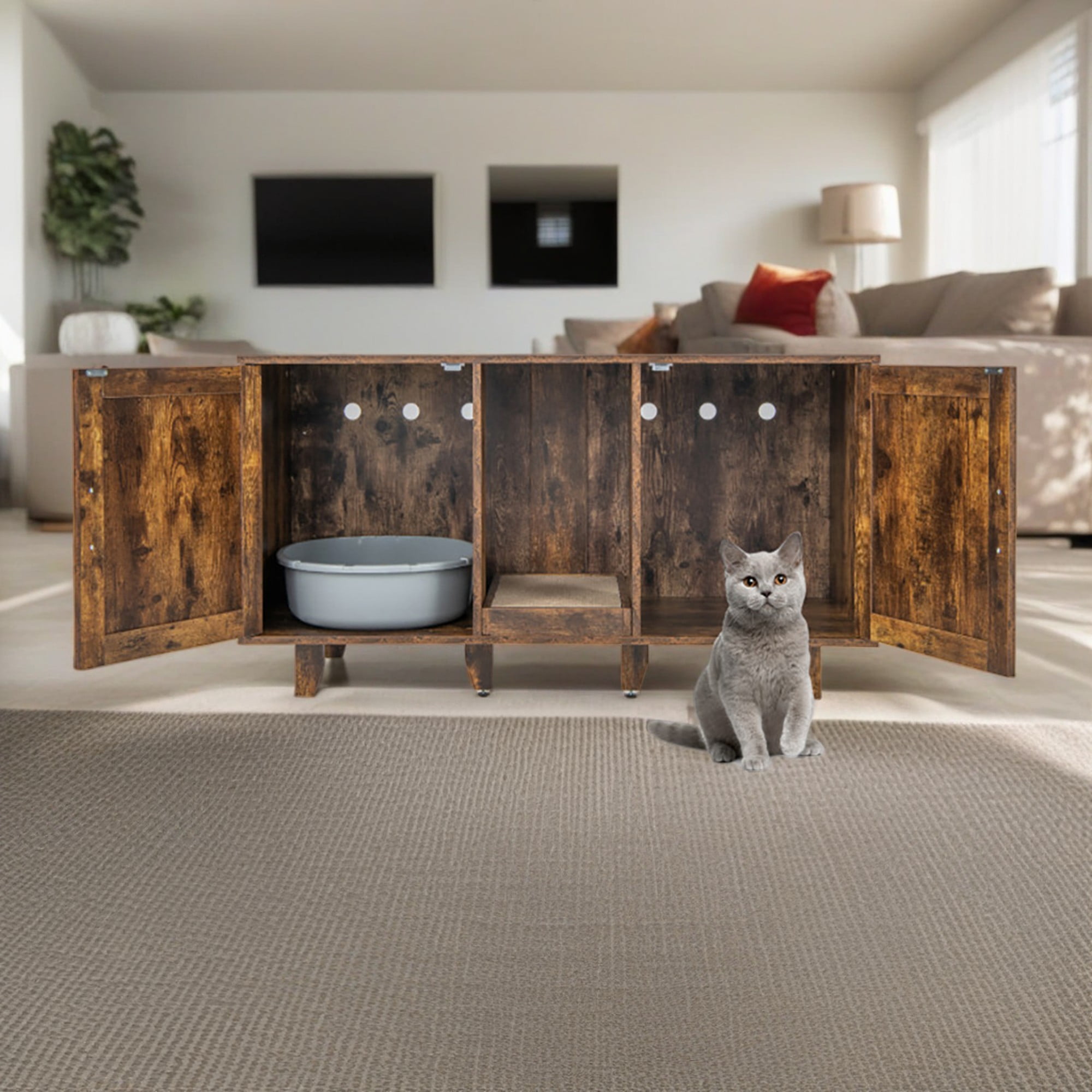 Kadyn 47" Litter Box Enclosure for 2 Litter Boxes, Hidden Cat Washroom with 2 Cabinet House, Scratching Board, Indoor Cat Litter Furniture, Dark Brown
