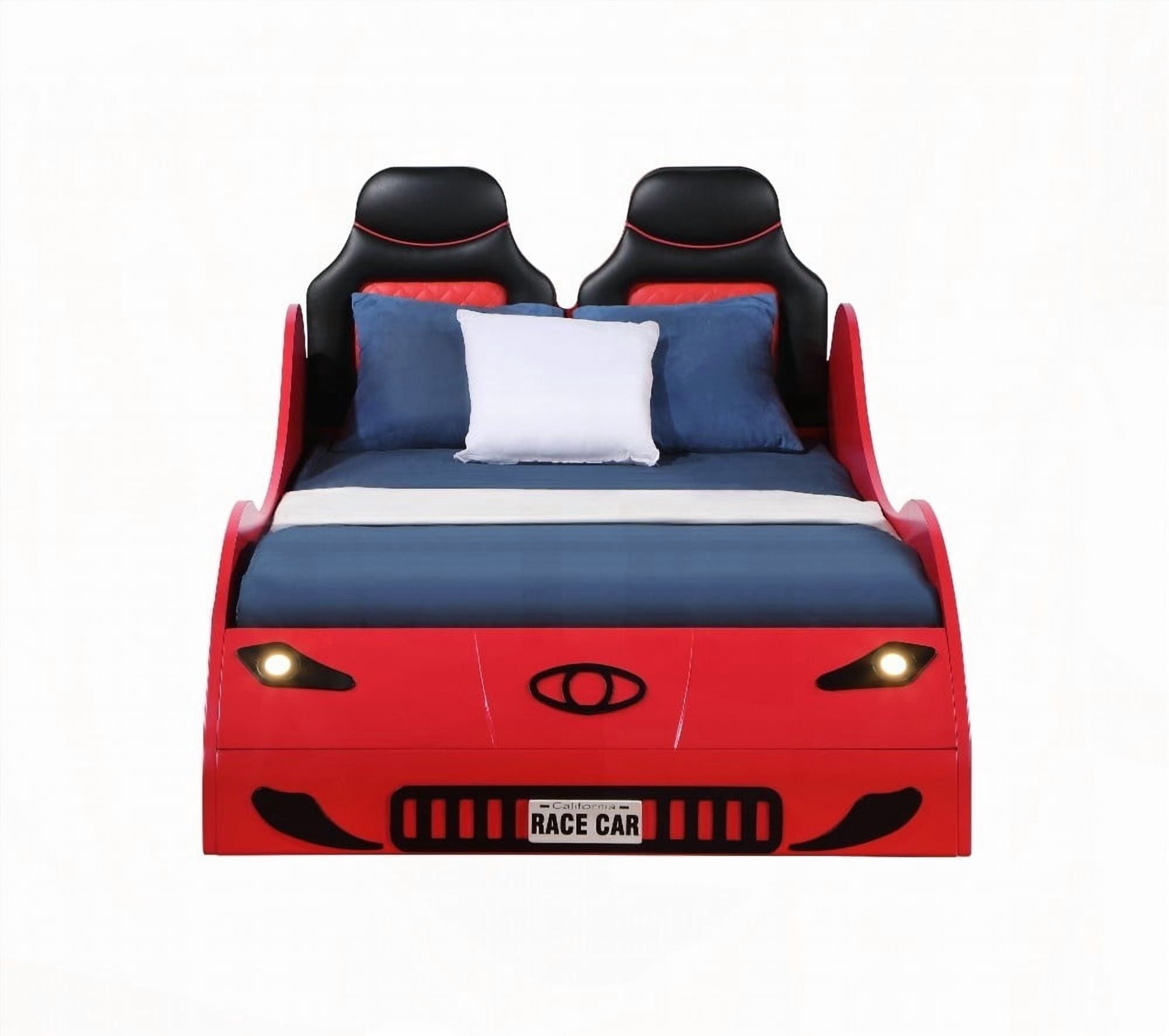 Colen Red Finish Twin Car Bed with LED Lights and Comfort - No Box Spring Needed