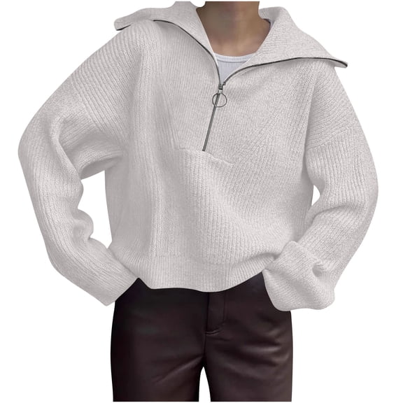 Rutainlusire Womens Trendy Casual Half Zip Up Lapel Loose Comfy Sweaters Ladies' Fashionable Solid Color Pullover Long Sleeved High Neck Sweater