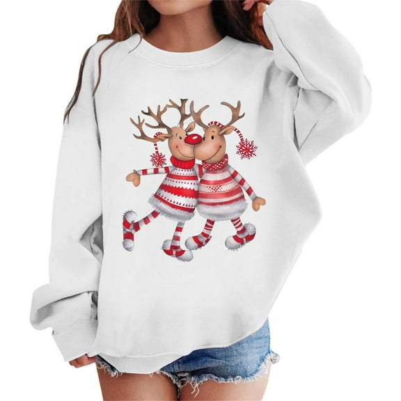 Fiaer Christmas Sweatshirts Women Reindeer Funny Graphic Pullover Plus Size Long Sleeve No Hooded Hoodies Crew Neck Loose Fit Trendy Tops White 160