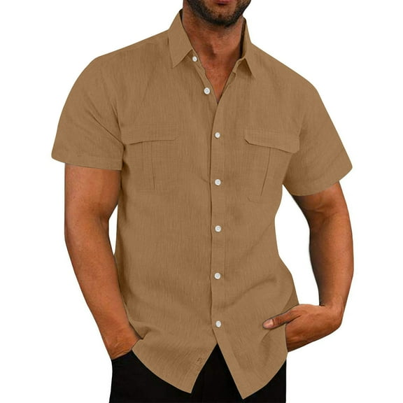 Joau Linen Shirts for Men Casual Short Sleeve Button Down Dress Shirts with Pockets Holiday Beach Shirt Hawaiian T Shirts Lightweight Tops for Men