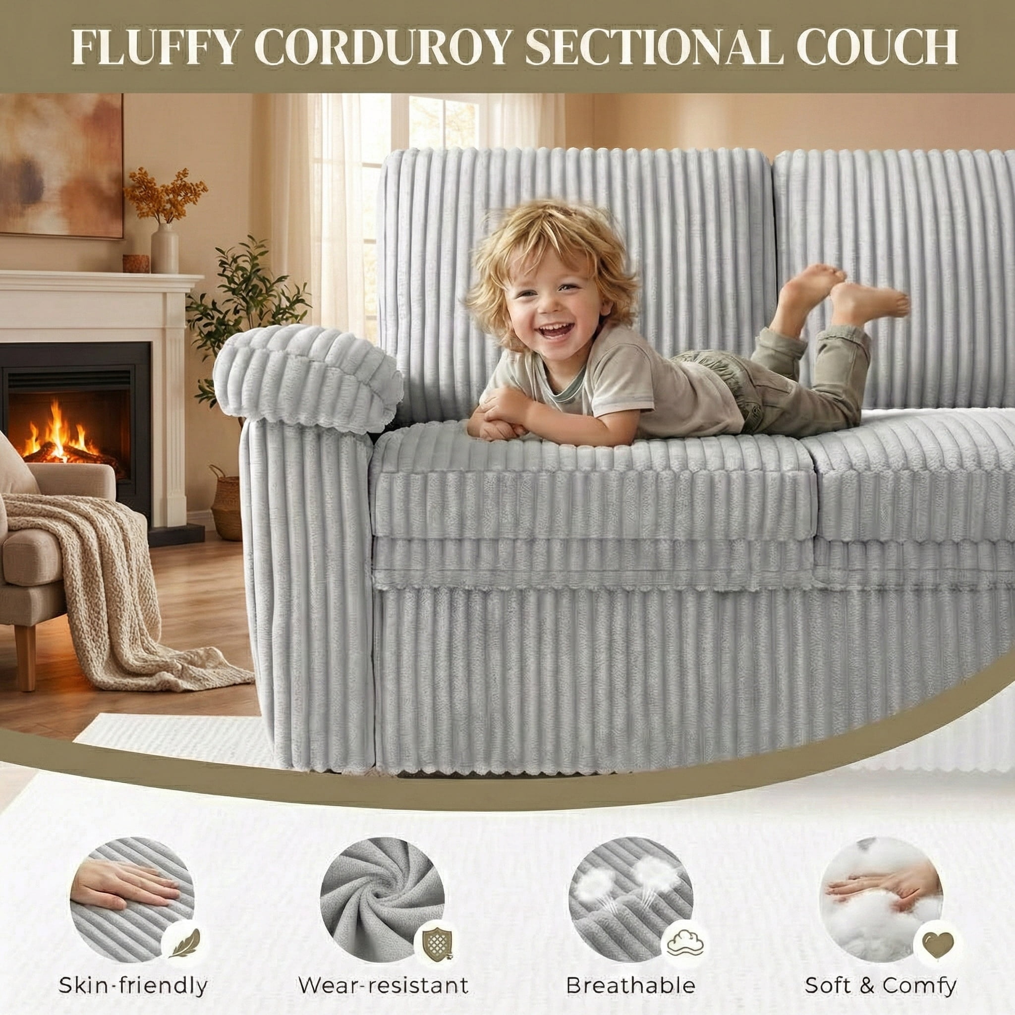 Howcool Modular Sectional Sleeper Sofa with Pull-Out Bed, U-Shaped Convertible 7-Seat Cloud Couch with Storage Chaise & USB Charging, Plush Corduroy Sectional for Living Room,Grey