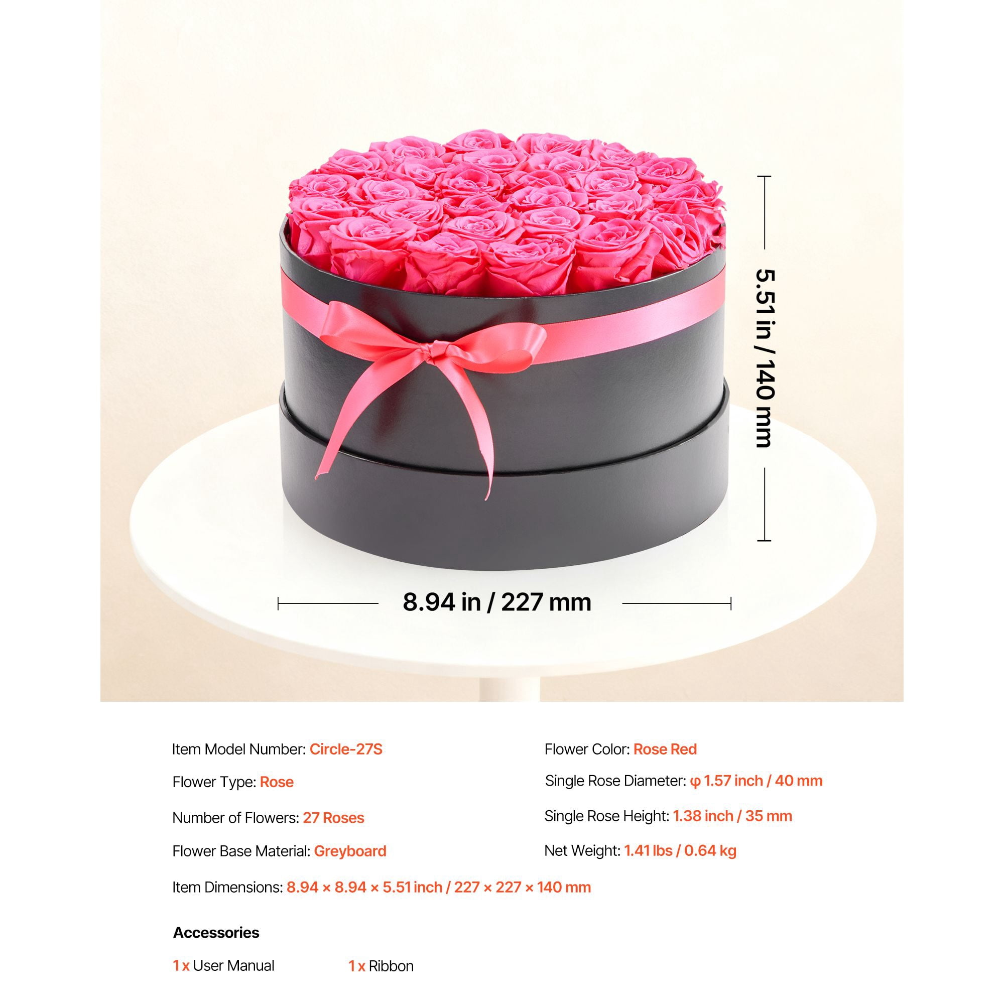 Preserved Roses 27 Real Roses in Round Box, Lasts Up to 3 Years, No Watering Needed, Light Rose Fragrance, Romantic Gift for Valentine's Day Birthday Christmas