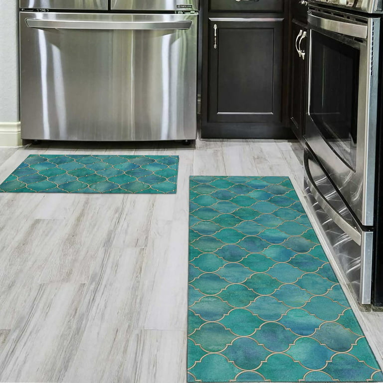 Teal Kitchen Rugs and Mats Non Skid Washable, Kitchen Mat Set of 2 for  Floor Kitchen Runner Rug Sets Turquoise Kitchen Decor and Accessories