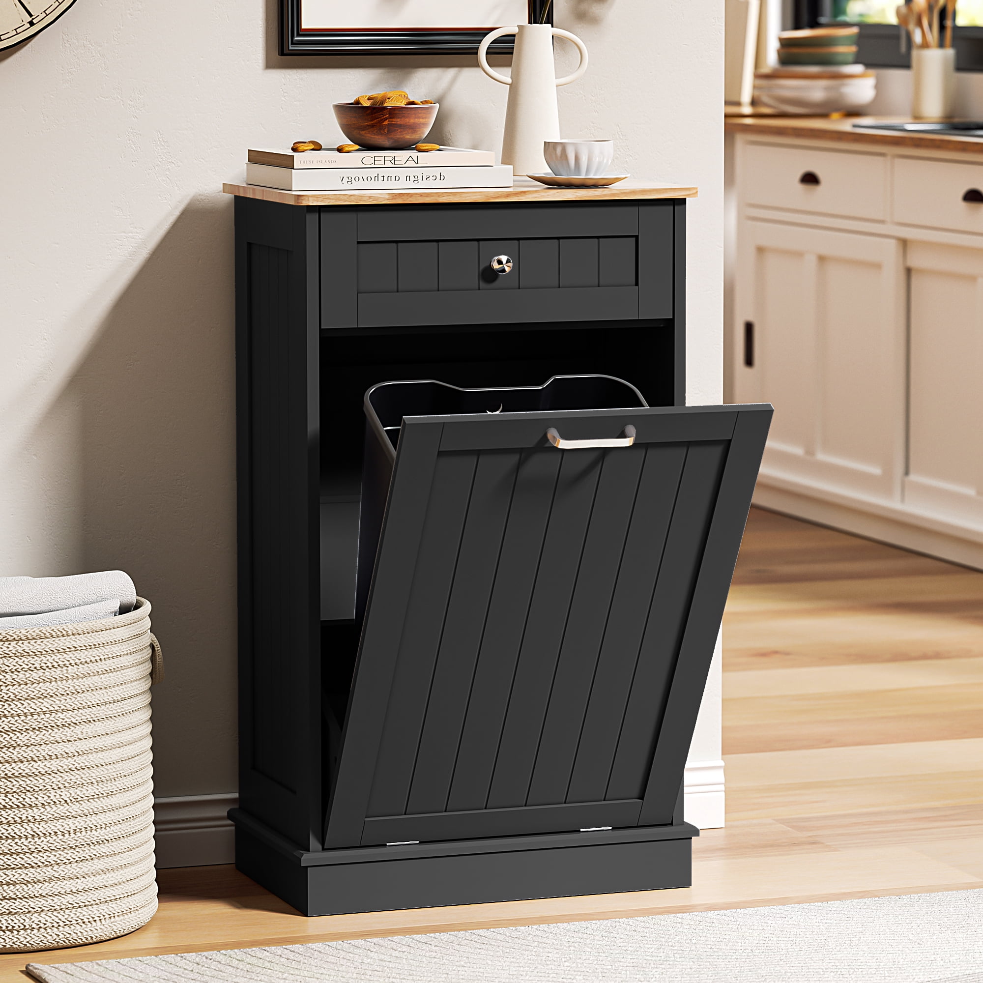 HARIPUL Single Tilt Out Trash Cabinet for 13 Gallon Waste Bin, Free Standing Kitchen Trash Can Cabinet with Drawers, Black