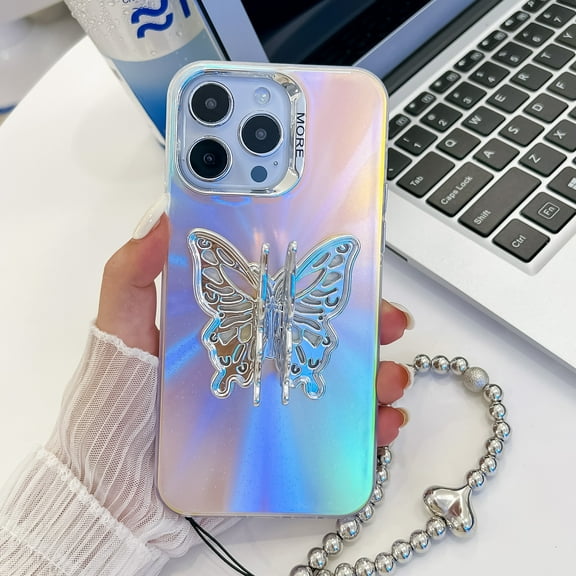 Laser Case for iPhone 14 Pro Case with Detachable Bracelet, Luxury Plating Butterfly Design with Foldable Kickstand for Women & Girls Electroplated Shockproof Protective Cover, Butterfly-B