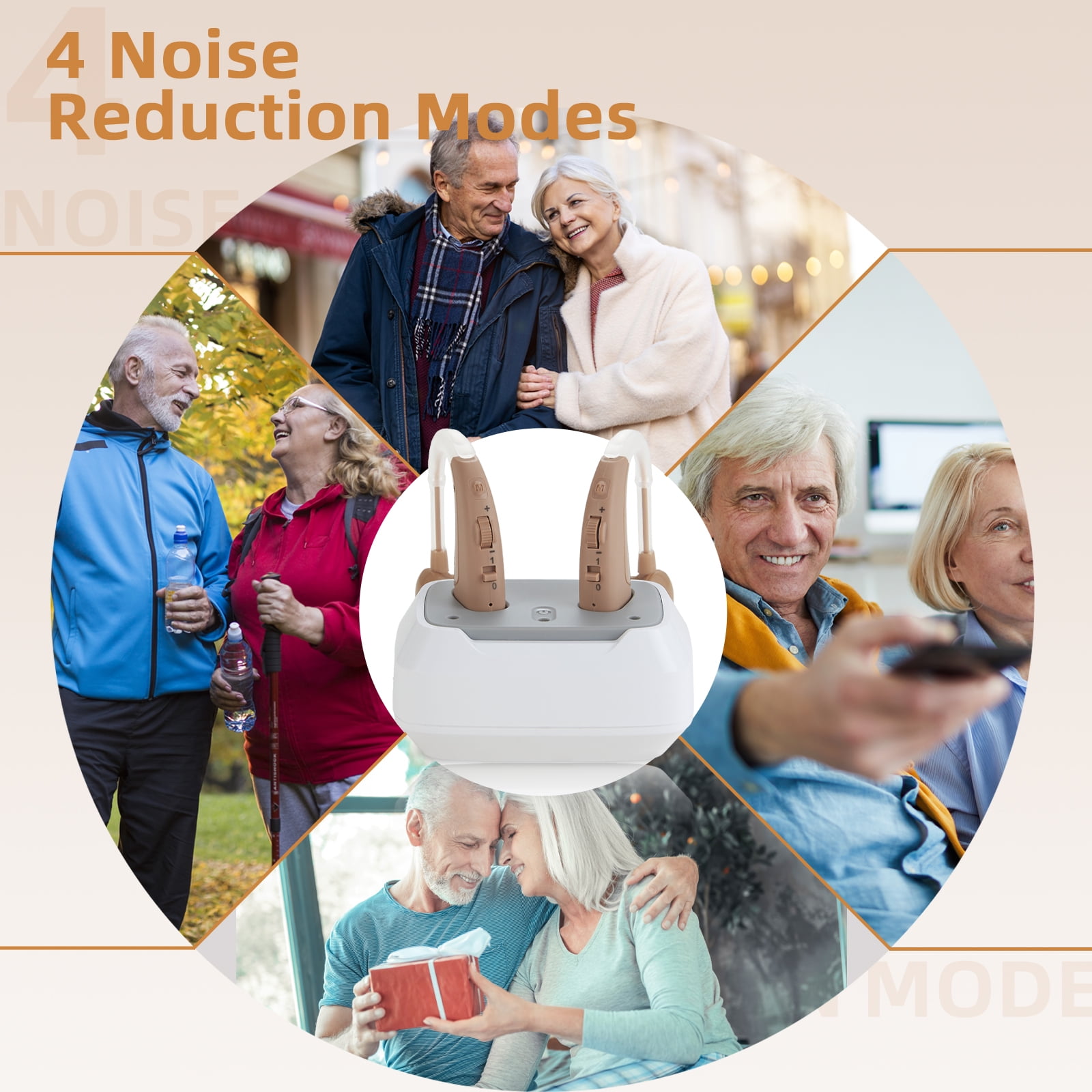 Delmicure Rechargeable Hearing Aids for Seniors, 4-Mode, Digital, Magnetic Charging, VHP-1011, Slide Control, Beige