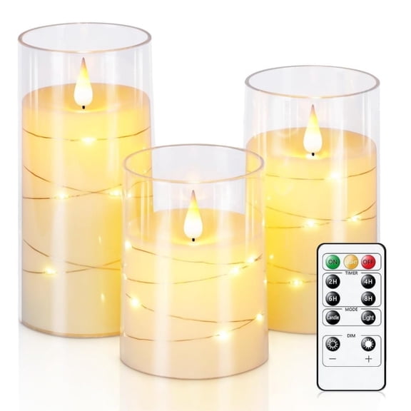 Homemory Flameless Candles with String Lights, Battery Operated Candles, Embedded String Lights LED Candles, Flameless Candles with Remote, Set of 3, Ivory White