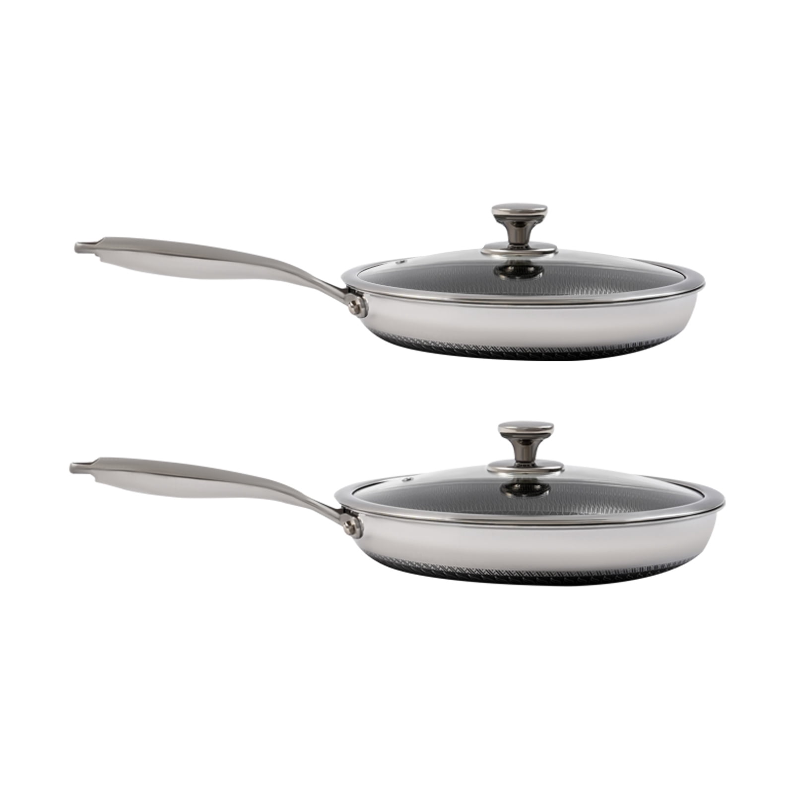 2PCS Stainless Steel Pan with Handle, Non Stick Frying Pan with Honeycomb Pattern & Lid, 10.2 + 11.8 Inch
