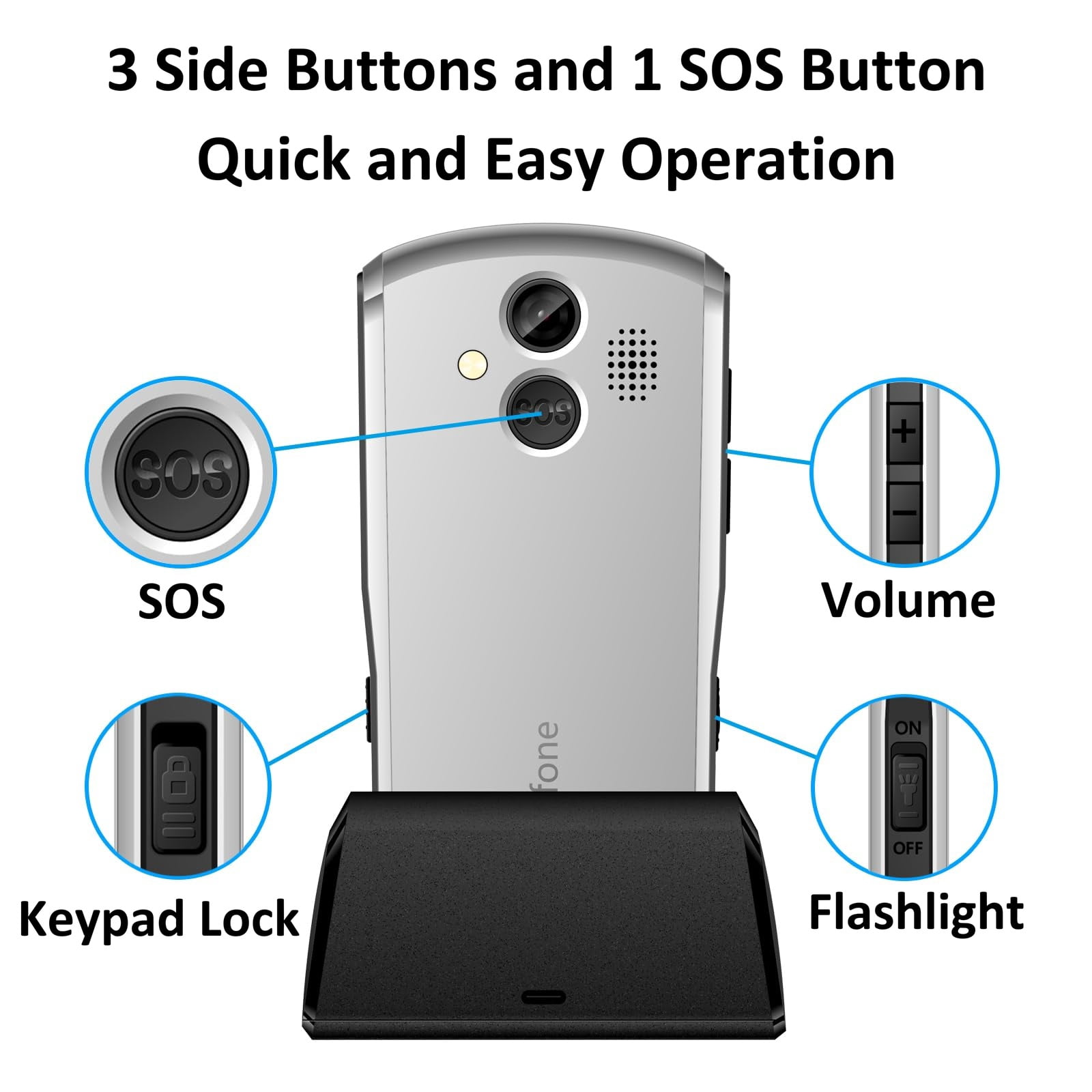 artfone A400, 4G LTE Cell Phone Unlocked (T-Mobile Unlocked), Cell Phone for Seniors, Dual SIM, Dumb Phone with Big Buttons, Camera, SOS Button, Charging Dock, Speed Dial, Senior Mobile Phone, Sliver