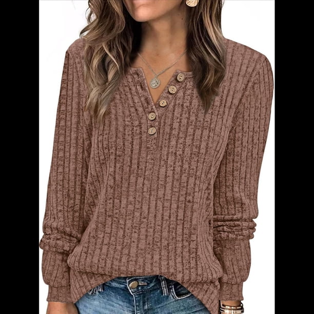 Suéter para Mujer, Camisetas Henley de Larga, Túnicas para Usar con Leggings, Suéteres de Cuello Redondo A . Marrón M