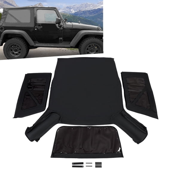 Kojem Soft Top for 2010-2018 Jeep Wrangler JK 2 Door Models W/ Removable Side and Back Window Black Diamond Color