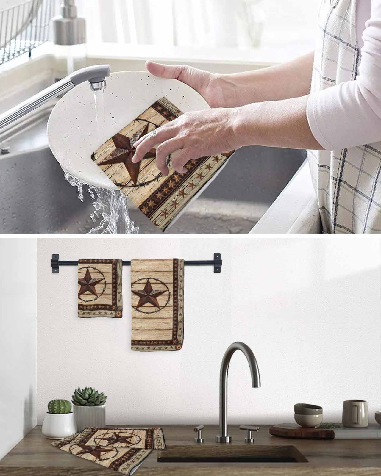 Texas Star Brown Kitchen Dish Towels for Drying Dishes Set of 4, Country Star Rustic Vintage Wooden Waffle Weave Microfiber Hand Tea Bathroom Towels Quick Dry & Absorbent Towel 15.7x23.6