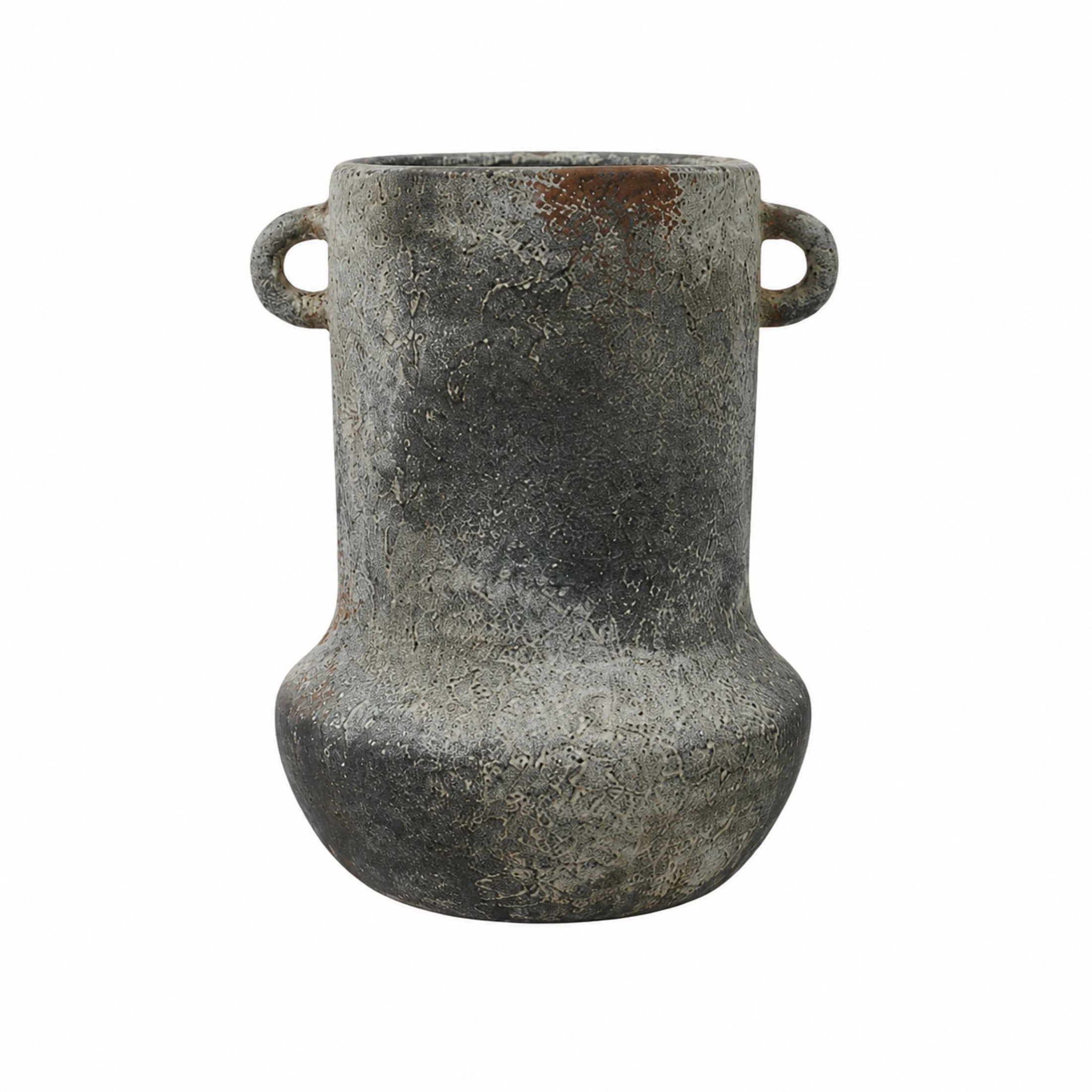DecMode 10" Antique Style Textured Dark Gray Ceramic Vase with Brown Accents and Handles