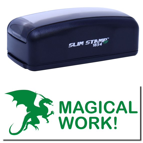 Large Pre-Inked Dragon Magical Work Stamp, Slim 1854, Ultra Slim Design, Impression Size 1-13/16" by 2-1/2", Up to 25,000 Impressions - Green Ink