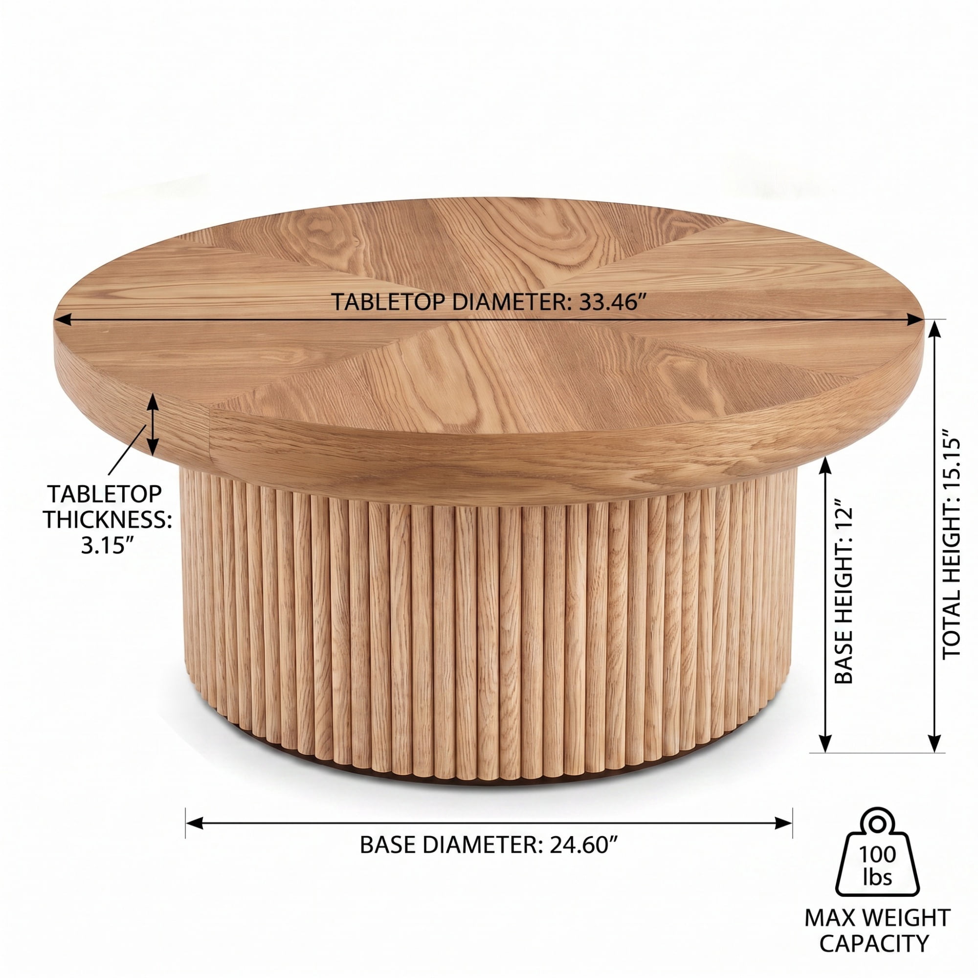 33.46'' Round Coffee Table with Fluted Cylindrical Base, Ash Wood End Table with Thickened Tabletop, Modern Cocktail Table