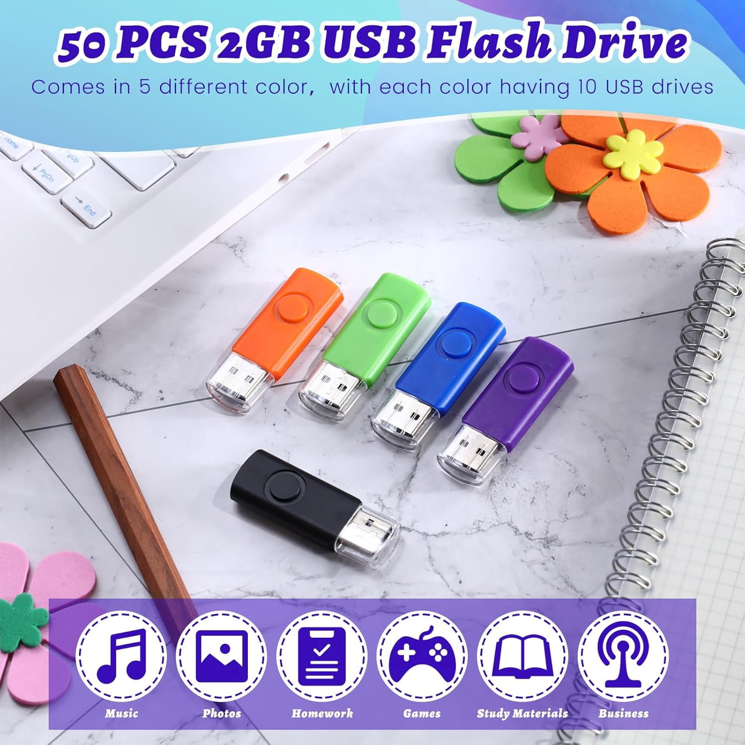 50PCS USB 2.0 thumb flash drives (128MB * 5 colors)