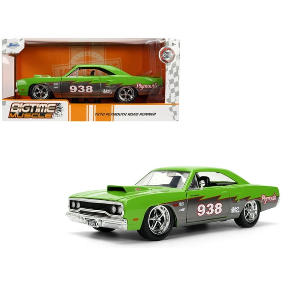 1970 Plymouth Road Runner #938 Green and Gray Metallic "Bigtime Muscle" Series 1/24 Die Cast Model Car by Jada
