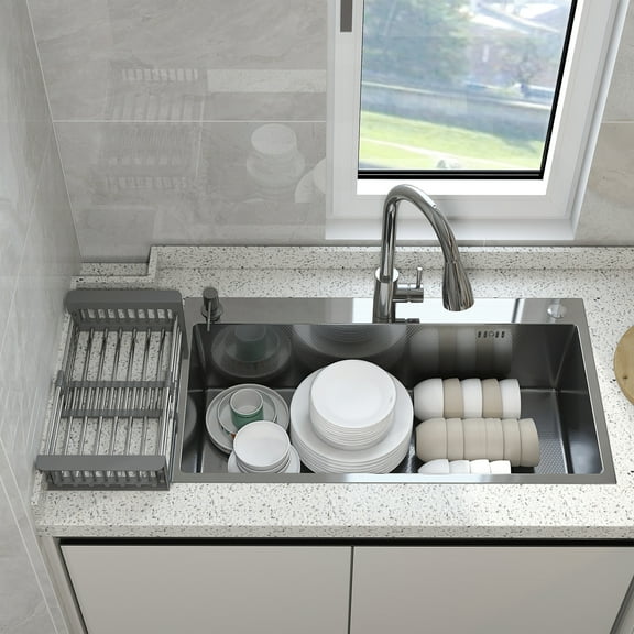 28" x 18" Silver Undermount Kitchen Sink Single Bowl Basin Stainless Steel Kitchen Bar with with Multiple Accessories