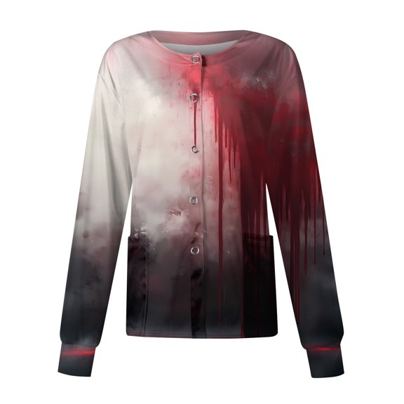 IYYVV Womens Halloween Scrub Jacket Pumpkin Ghost V Neck Work Uniform Print V Neck Nursing Tops with 2 Pockets Wine XL