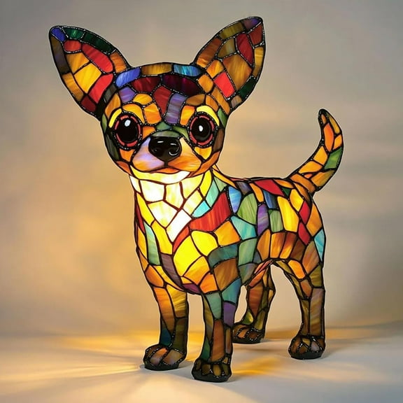 HzyK Retro Stained Resin Chihuahua Dog Tabletop Night Light, Animal Table Lamps Series, 3D Cute Dog LED Stained Glass Table Lamps, Vintage Home Decor Gift for Pets Lovers