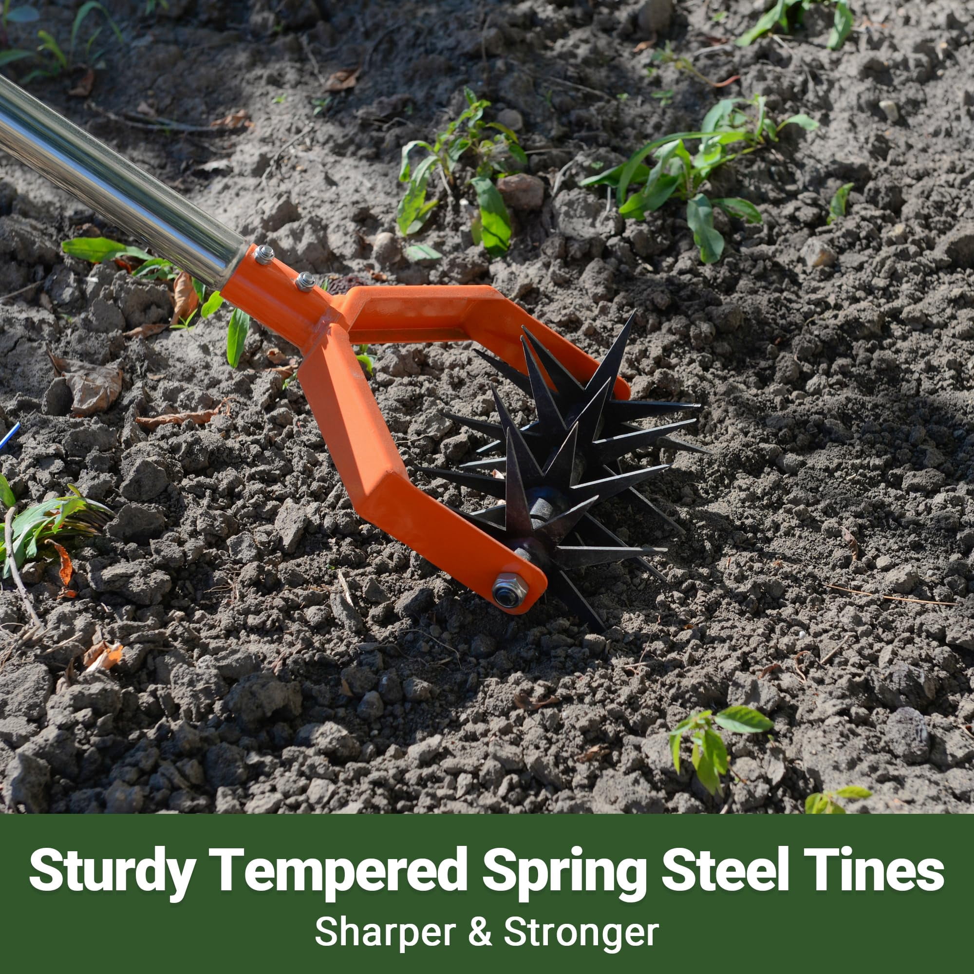 67-inch Garden Cultivator With Tempered Spring Steel Tines  Adjustable Stainless Handle Manual Rotary Design For Soil Loosening