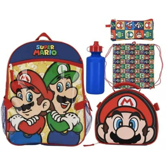 Super Mario Luigi 5 Piece Backpack, Cinch Sack, Lunch Bag, Water Bottle, Gadget Case