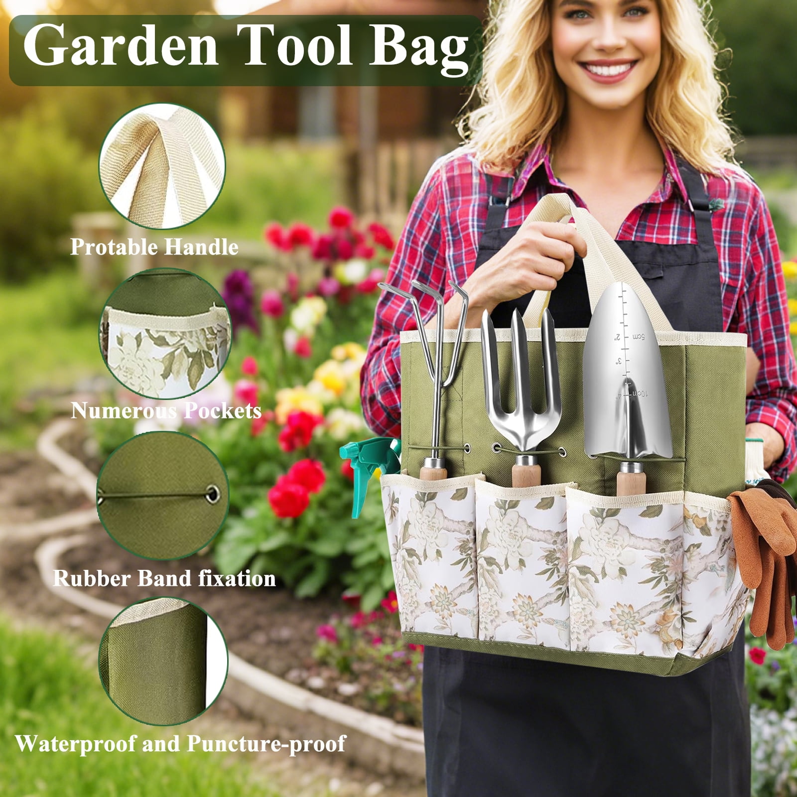 Kisportee Garden Tool Set, 9 Piece Heavy Duty Stainless Steel Gardening Tools with Fashion Garden Tools Organizer Handbag, Ideal Gardening Mother Gifts for Women